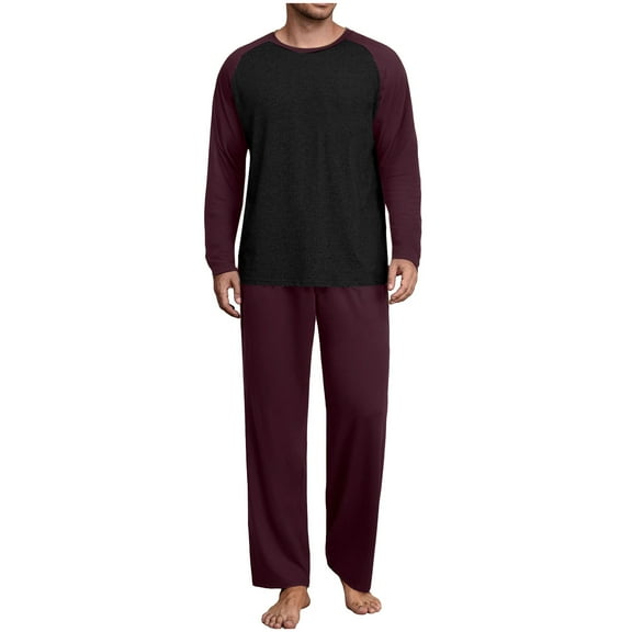 REORIAFEE Mens Pajama Sets Pants 2 Piece Big and Tall Loungewear Long Sleeve Top Pant Color Block Soft Sleepwear Wine S-3XL