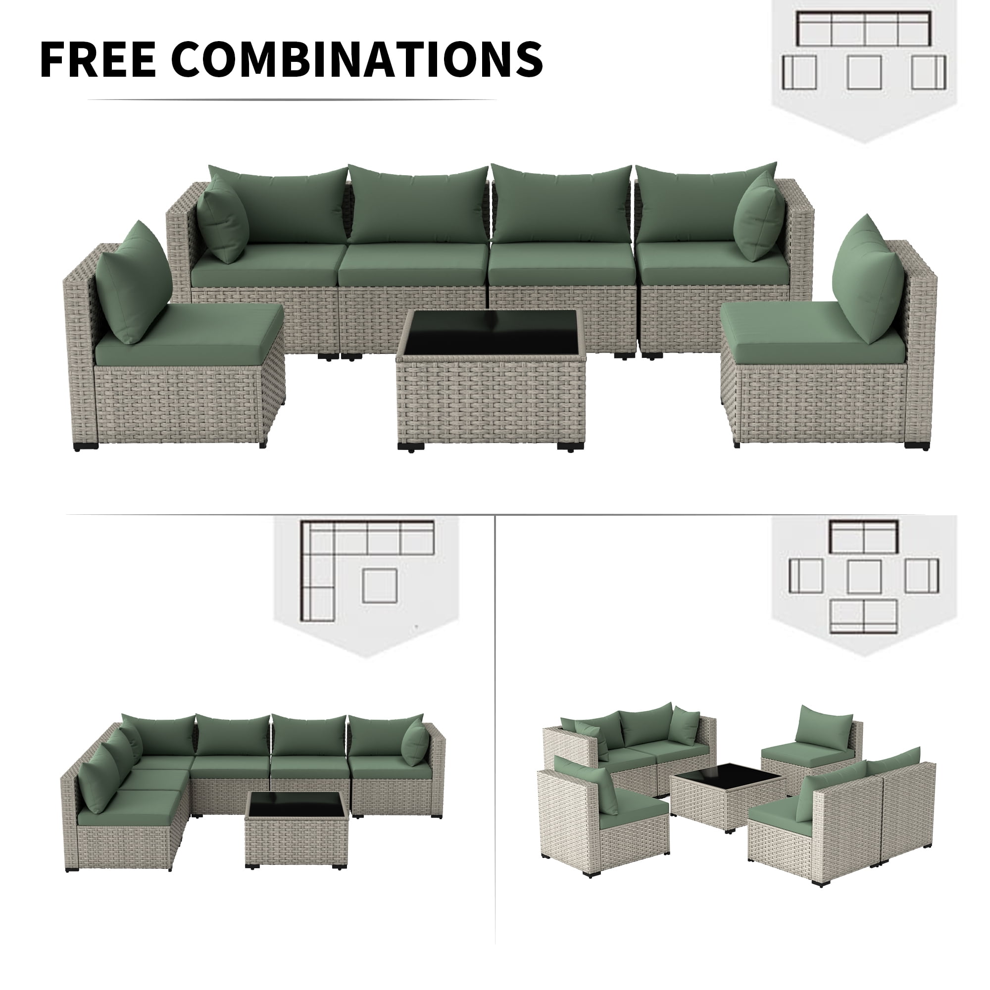 MRUAKA 7 Pieces Patio Conversation Set, Outdoor Sectional PE Rattan Wicker Furniture Seat,Light Green