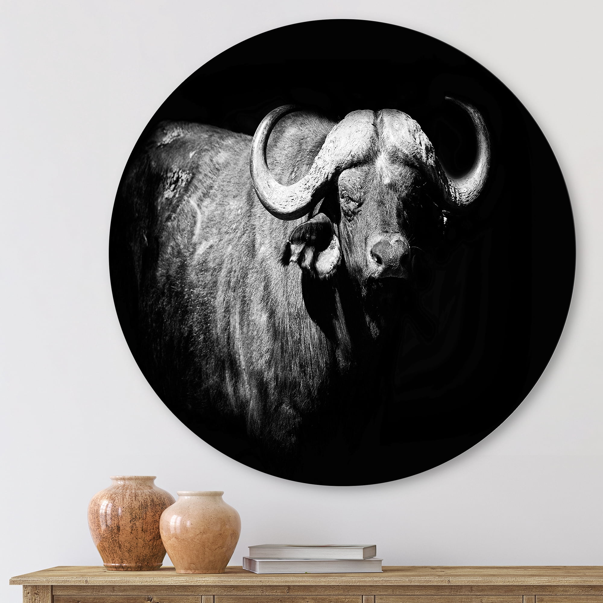 Designart 'Black and White Portrait Of Buffalo I' Farmhouse Circle Metal Wall Art 11x11 - Disc of 11