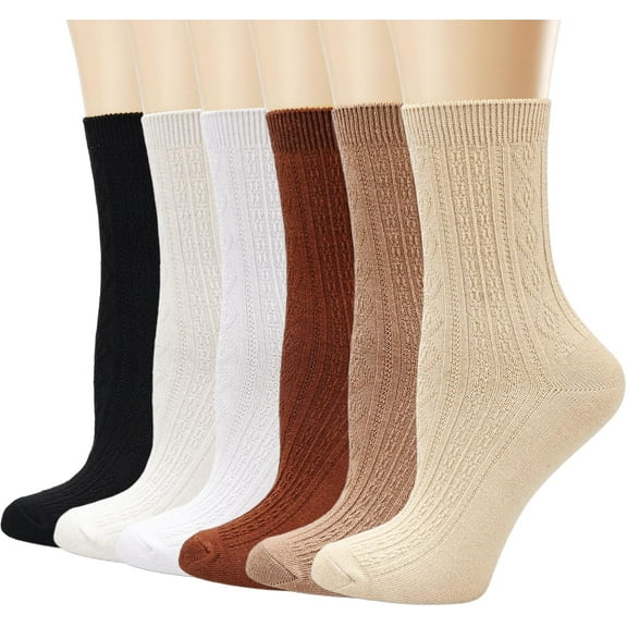 Womens Crew Socks, Size 5-9,Casual Knit Cotton Comfy Breathable Cool Dress Socks for Girls 6 Pack (apricot light Brown brown white cream black)