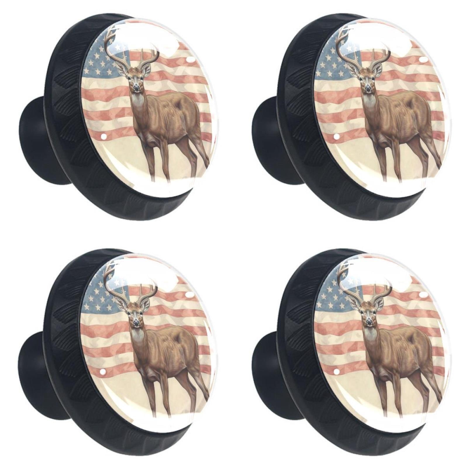 4 Pcs Deer and American Flag Knobs for Kitchen Cabinet Cupboard Dresser Bookcase Drawer Pulls Handles Round Home Decor
