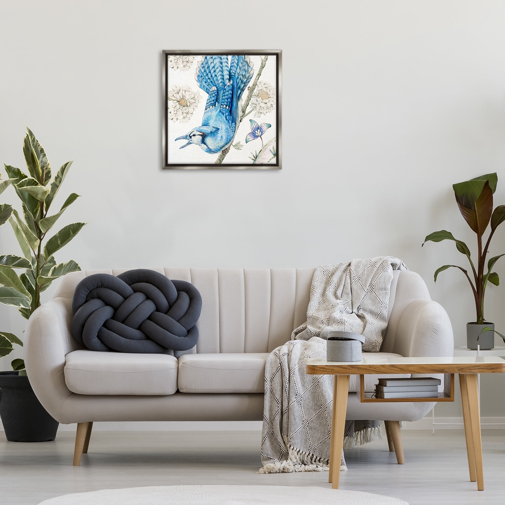 Stupell Industries Blue Jay Perched Florals Animals Painting Gray Floater Framed Canvas Art Print Wall Art, 25 x 25