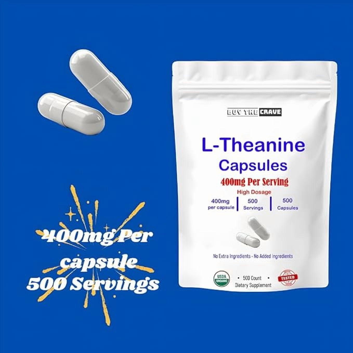 Buy The Crave L-Theanine 400mg Extra Strength – Double Strength Formula, Non-GMO & Gluten Free, 500 Capsules