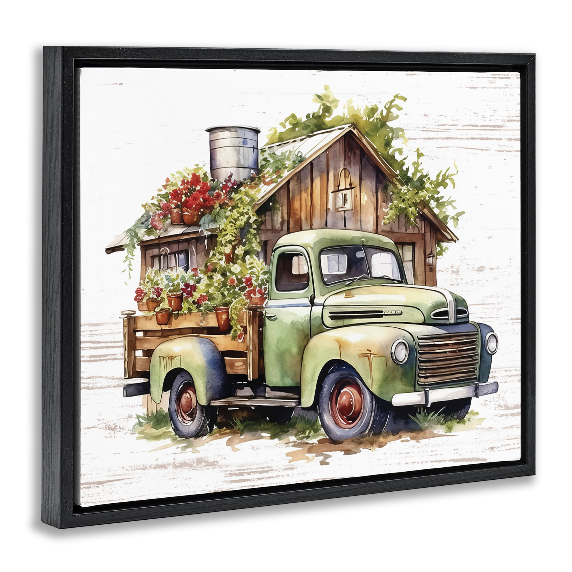 Stupell Industries Rustic Pickup with Greenery Transportation Painting Black Floater Framed Canvas Art Print Wall Art, 21 x 17