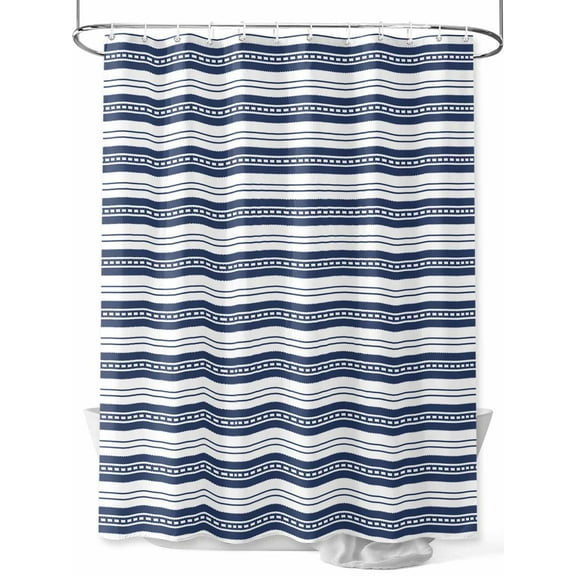 Navy Blue Striped Extra Long Shower Curtain Set, Waterproof Shower Curtains for Bathroom, Farmhouse Striped Geometric Art Washable Fabric Cloth Bath Curtain for Bathtub with Hooks 72x96 Inches