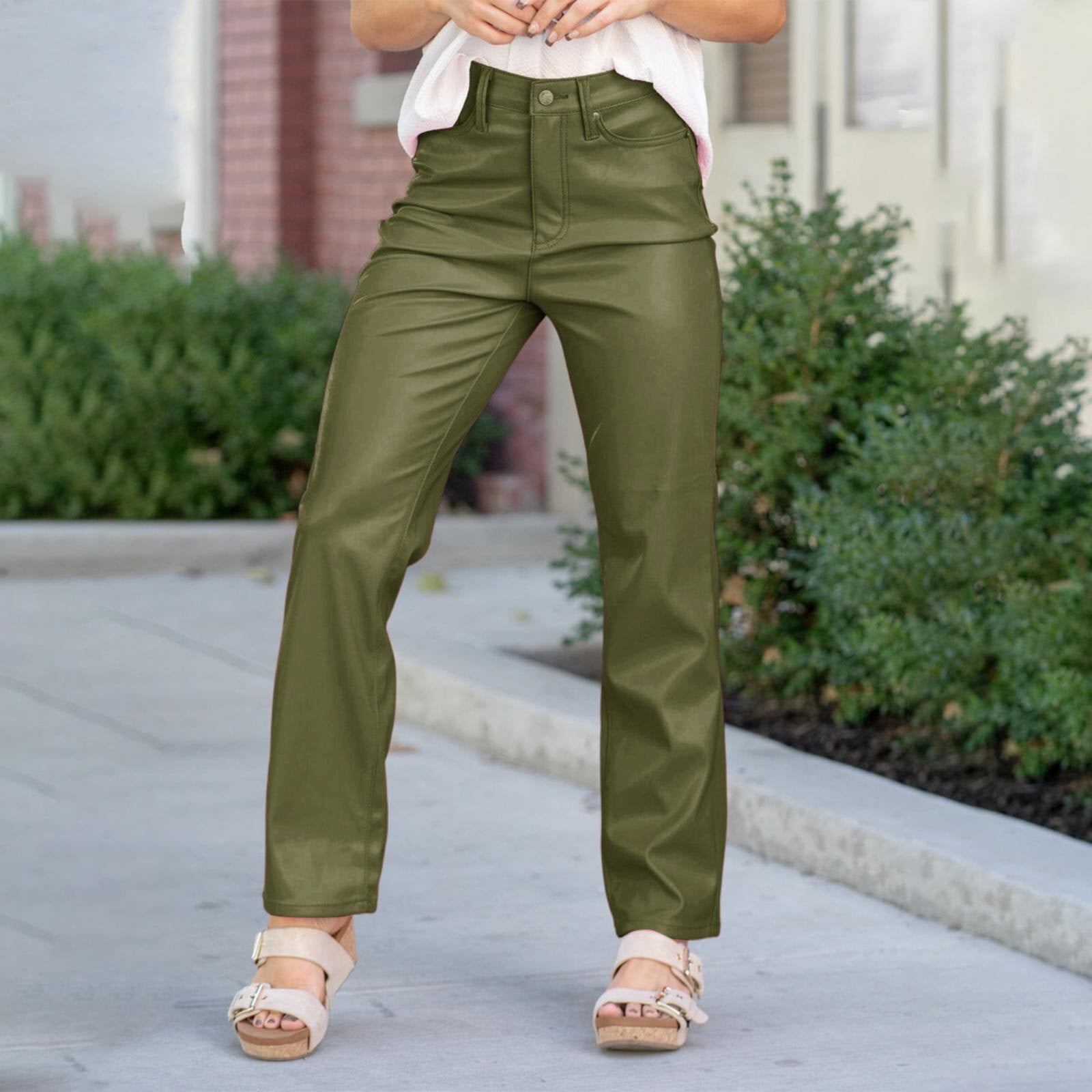 Clearance!FUNUONY Leather Pants for Women Faux Leather High Straight Pants Leg Vegan Leather Business Pant Trousers Work Pants Women Sweatpants Women Army Green XL