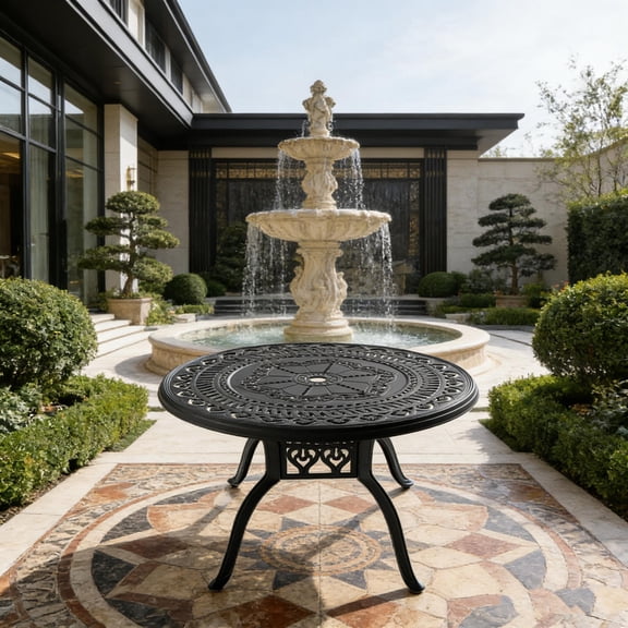 39.4" Round Cast Aluminum Outdoor Dining Table with Black Frame and Umbrella Hole, Patio Table for Garden or Deck