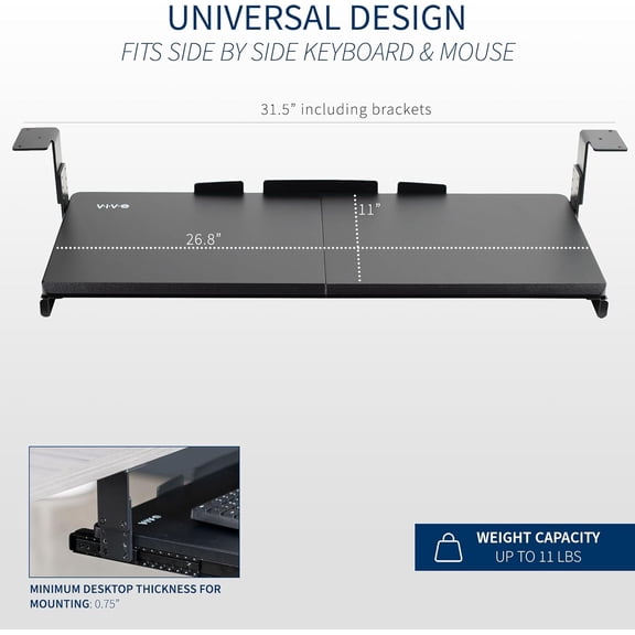 Large Height Adjustable Under Desk Keyboard Tray, 27 x 11 inch Slide-Out Platform Computer Drawer for Typing, Ergonomic Steel Design with 5 Height Settings, Black (MOUNT-KB27HB)