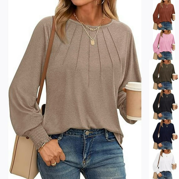 ATOYSOY Women's Long Sleeve Tees Fall Winter Loose Tops Outwear Solid Color Pullover Fashion Crew Neck Sweatshirts Casual Cotton Shirts Pleated Green L