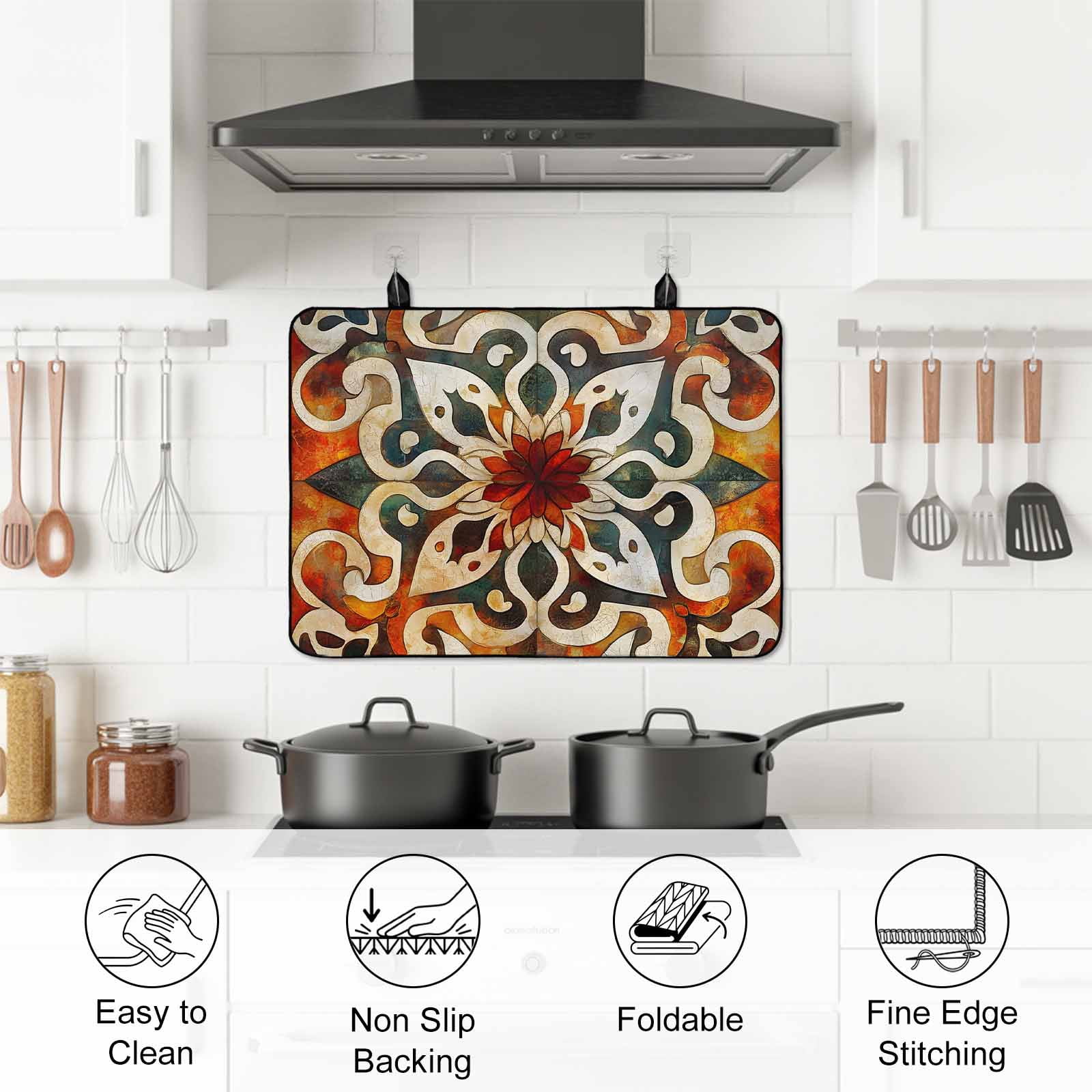Burnt Orange Green Stove Top Cover for Electric Stove, Heat-proof & Non Slip Glass Top Stove Cover Protector, Vintage Abstract Flowers Kitchen Flat Cooktop Rubber Mat 24x21 Inches