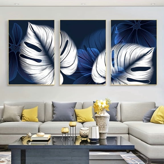 3pcs Frameless Abstract Blue White Plant Leaf Posters Print Modern Home Decor Picture Wall Art Canvas Painting Nordic Living Room Decor, No Frame