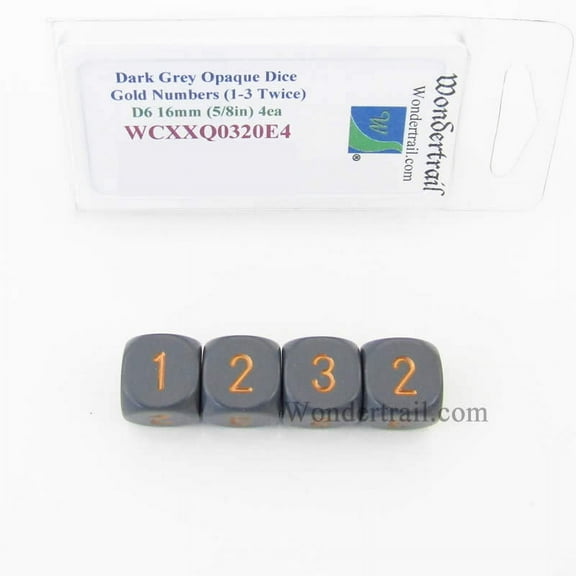 Dark Grey Opaque Dice with Gold Numbers D3 (D6 1-3 Twice) 16mm (5/8in) Pack of 4 Wondertrail