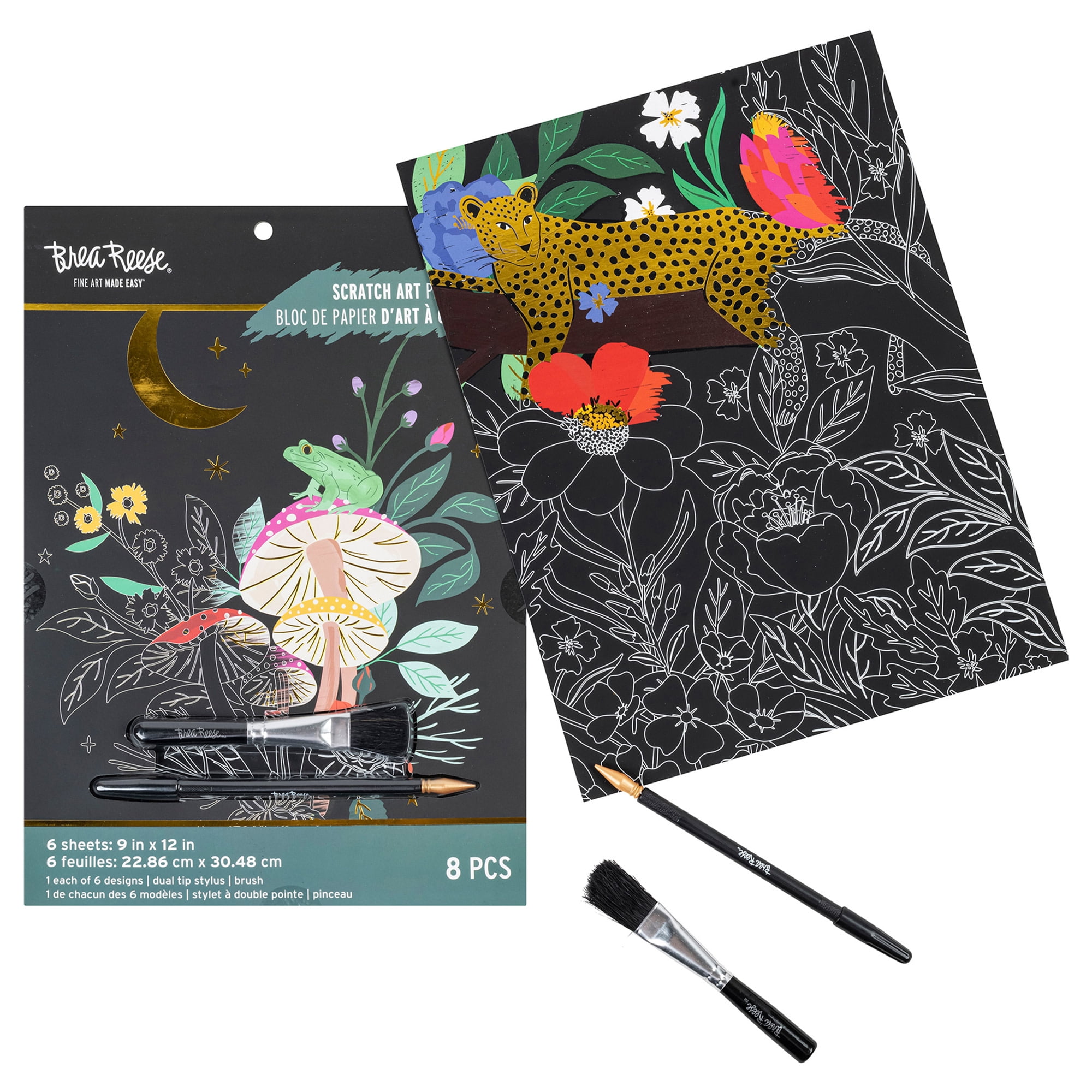 Brea Reese: Scratch Art Kit - Mythical Animals - 6 Designs, Metallic Guided Art, Dual-Tip Stylus & Brush, Easy-to-Frame 9x12" Pages, Adult Craft Kit