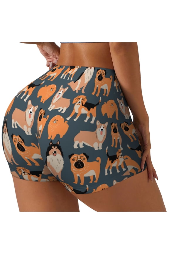 Corgi Collie Pug Printed Workout Shorts for Women Seamless Scrunch Butt Lifting High Waisted Yoga Gym Booty Running Moisture-wicking Short Pants-Small