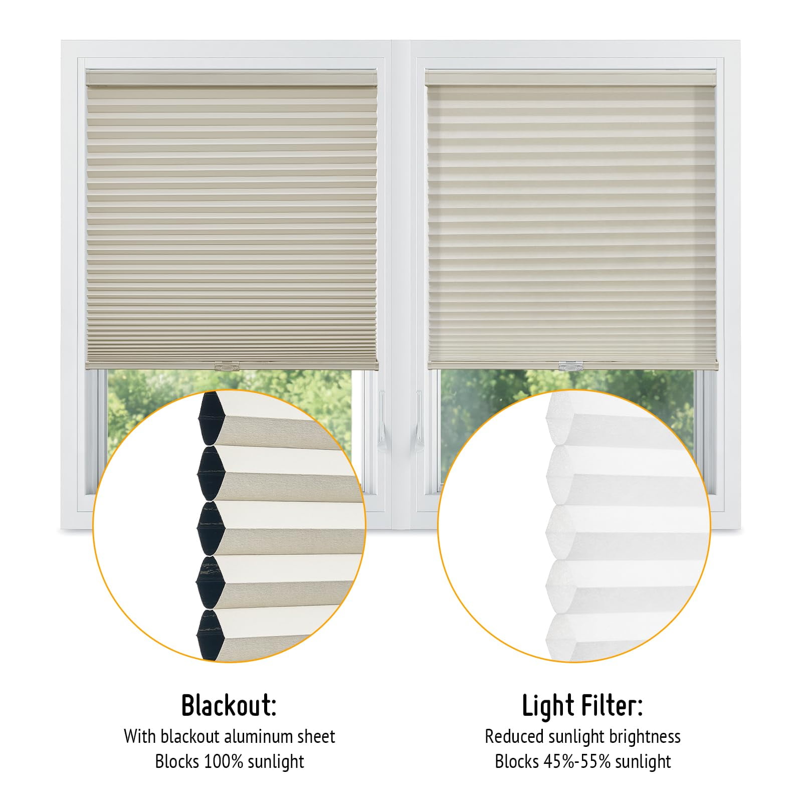 Keego Cellular Shades Cordless Honeycomb Shades for Windows Pull Down Blackout Cellular Blinds 9/16" Single Cell Thermal Insulated Blinds for Home Office(Grey,59"W x72"H)