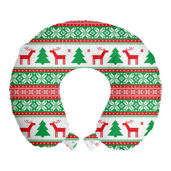 Christmas Travel Pillow Neck Rest, Knit Style Graphic Reindeer Star and Snowflake Holiday Family Theme, Memory Foam Traveling Accessory Airplane and Car, 12", Red Green White, by Ambesonne