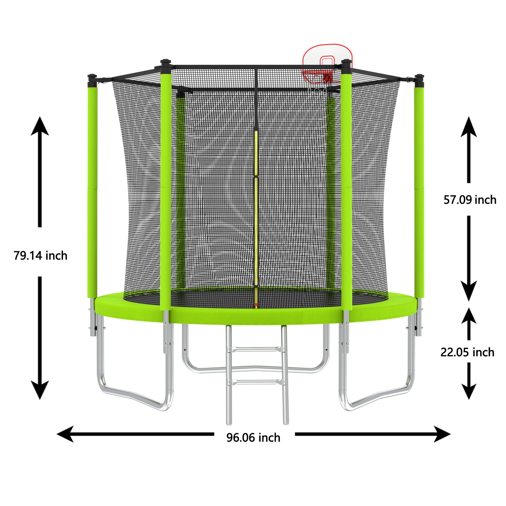 Soges 8FT Trampoline with Basketball Hoop Safety Enclosure Net for Kids, Trampoline with Jumping Mat and Spring Cover Padding, Trampoline Capacity for 2-3 Kids, Green