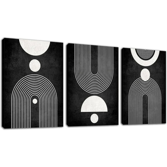 Minimalist Boho Canvas Wall Art - Mid Century Modern Geometric Pictures Prints Black and White Artwork Bohemian Wall Art for Bedroom Living Room Bathroom Office Aesthetic Decor 12" x 16" x 3 Piece Set