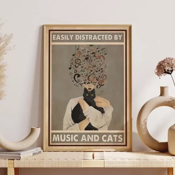 Kna Prints - Poster Black Cat Easily Distracted By Music And Cats Poster, Funny Cat Poster, Cat L, UNFRAMED-8x12