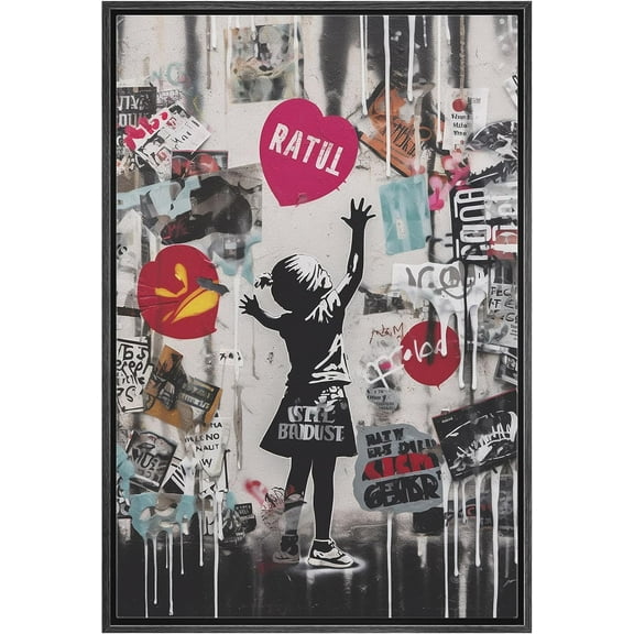 Wall26 Framed Canvas Wall Art Banksy Girl Heart Street Print Art Graffiti & Street Art Urban Architecture Cityscape Grunge Dark Modern Art Decor Abstract Geometric Print - 24"x36" Black