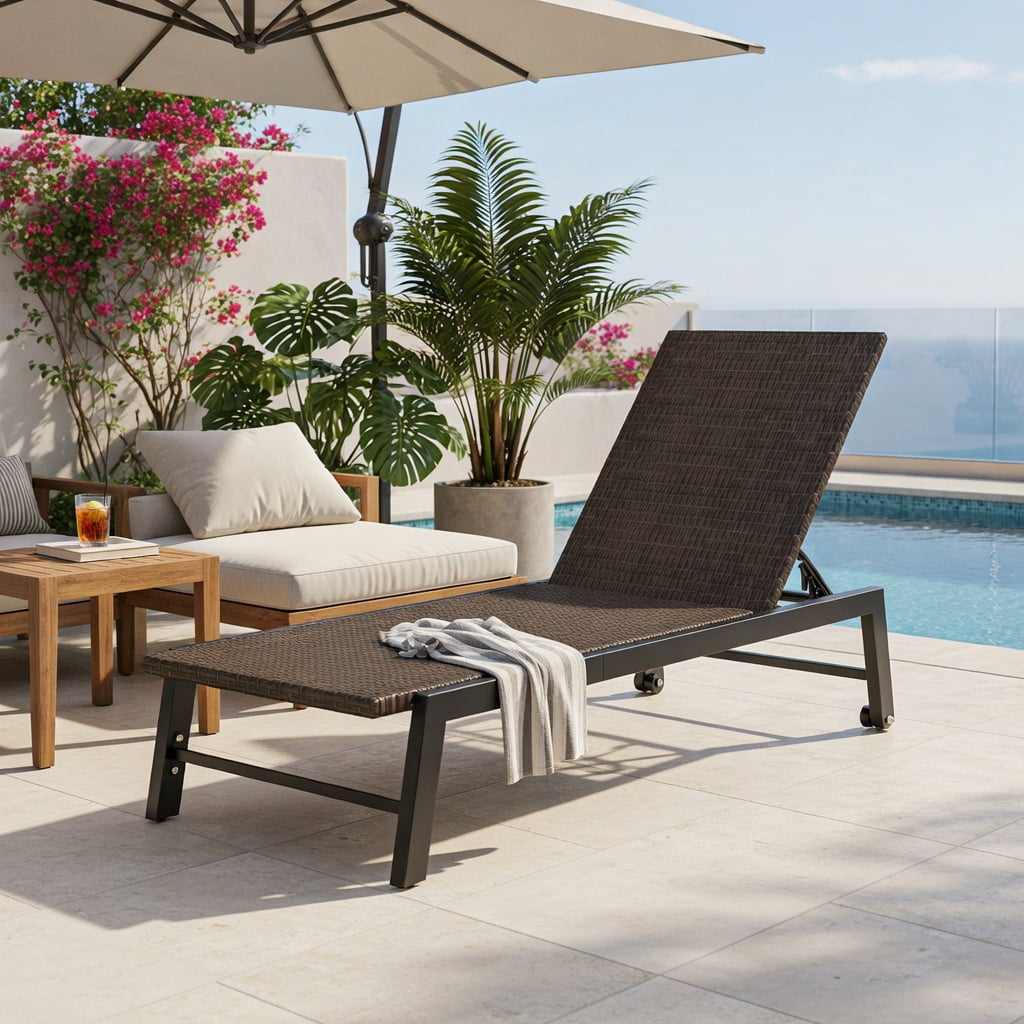 Hommoo PE Rattan Chaise Lounge Chair with 5-Position Adjustable Backrest, Heavy-Duty Steel Frame, Rolling Wheels, Woven Outdoor Recliner for Patio, Poolside & Deck, Brown