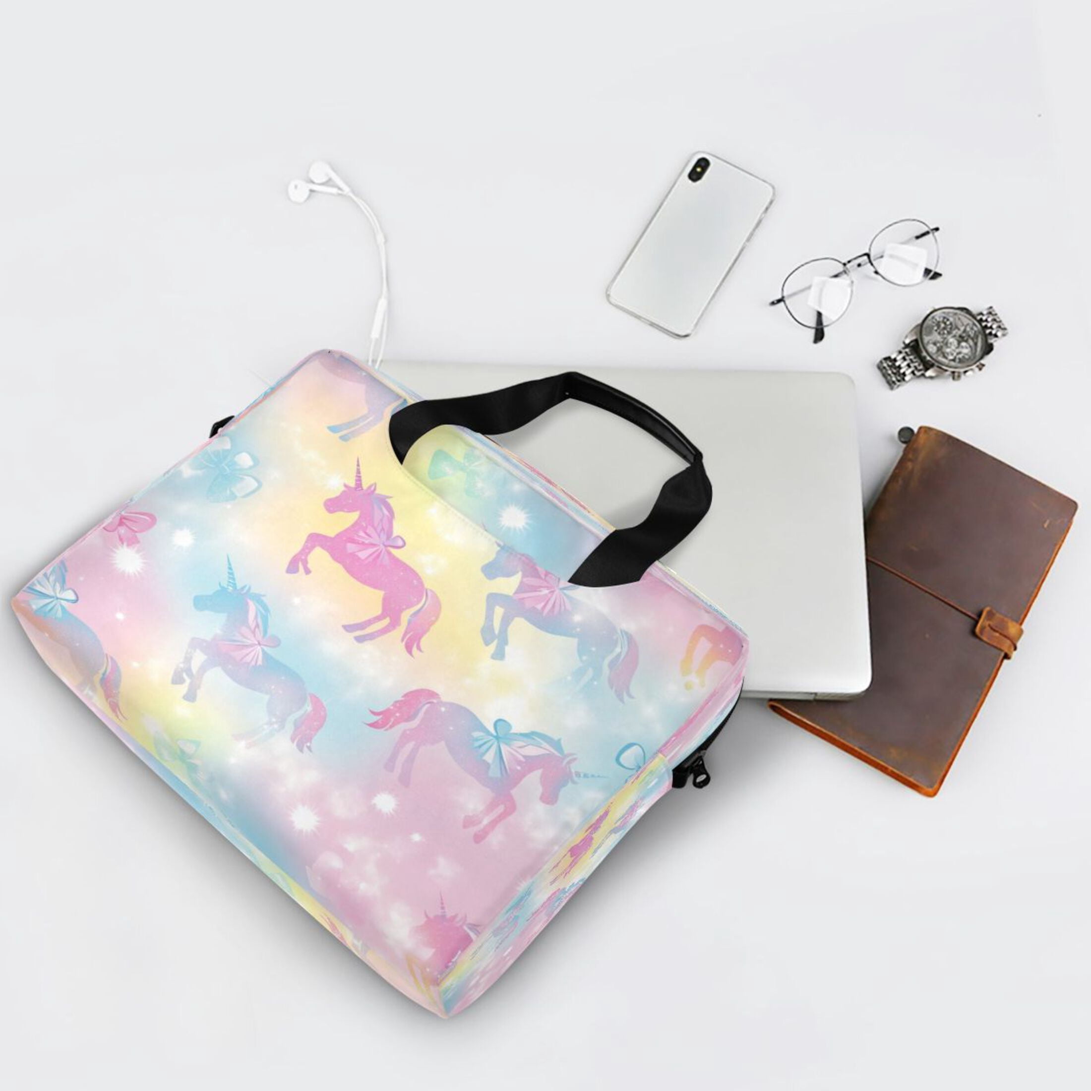 16" Laptop Tote Bag Laptop Sleeve Case Computer Briefcase for Work & Travel Pastel Unicorns and Bows