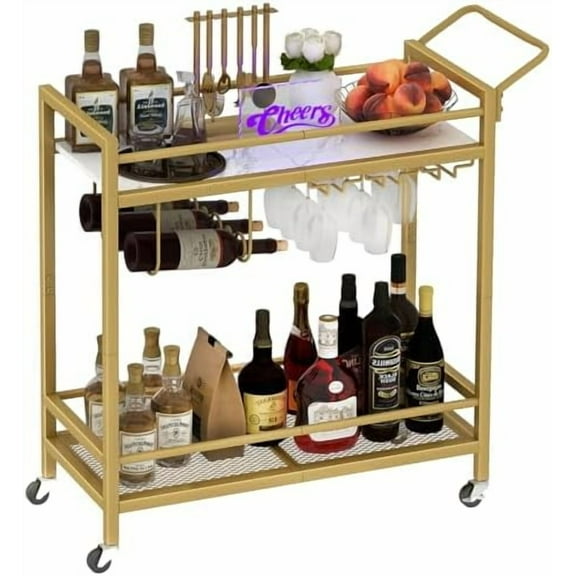 Bar Cart, Two-Color Home Bar Serving Cart, Mobile Drink Beverage Cart with 2 Storage Shelves, Rolling Kitchen Cart with Wine Holder and Glass Holder, for Dinning Room, Living Room, Kitchen