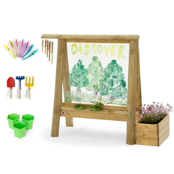 Plum Discovery Art Easel for Kids- Outdoor Wooden Painting Easels with Paint Brush and Accessories, Learning Toys for Toddlers, Wood Planter Box, Durable, Weatherproof, Ages 3  Years Up