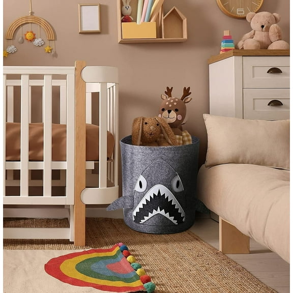 Gray Shark Felt Kids Storage and Laundry Basket 13.78" x 14.57"