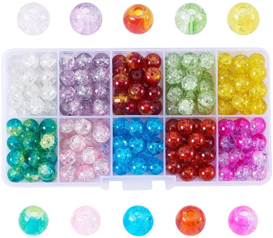 QUEFE 400pcs 8mm Glass Beads for Jewelry Making Bracelets Including 200pcs Faceted Crystal Glass Beads and 200pcs Crackle Lampwork Glass Round Beads