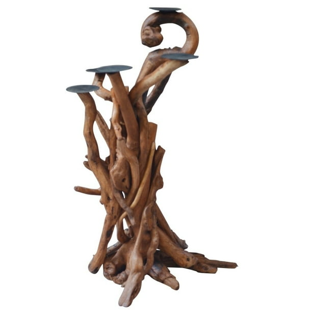 Wooden Branch Candle Holder Decor with Four Stands, Brown