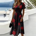 thumbnail image 3 of Women's V Neck Halloween Print Casual Dress Short Sleeve A Line Midi Dress with Self Tie Waist for Daily Wear Party Autumn Outfit Red XL, 3 of 5