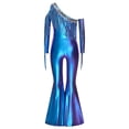 thumbnail image 4 of dPois Girls Disco Dance Metallic Jumpsuit One Shoulder Sequins Tassel Split Bell Bottom Pants Romper Blue 14, 4 of 5