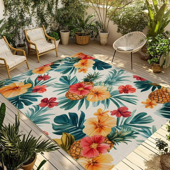 Fsddascl Palm Tree Pineapple Outdoor Rug for Patio/Deck/Porch, Non-Slip Large Area Rug 6 x 9 Ft, Red Orange Floral Summer Indoor Outdoor Rugs Washable Area Rugs, Reversible Camping Rug Carpet Runner