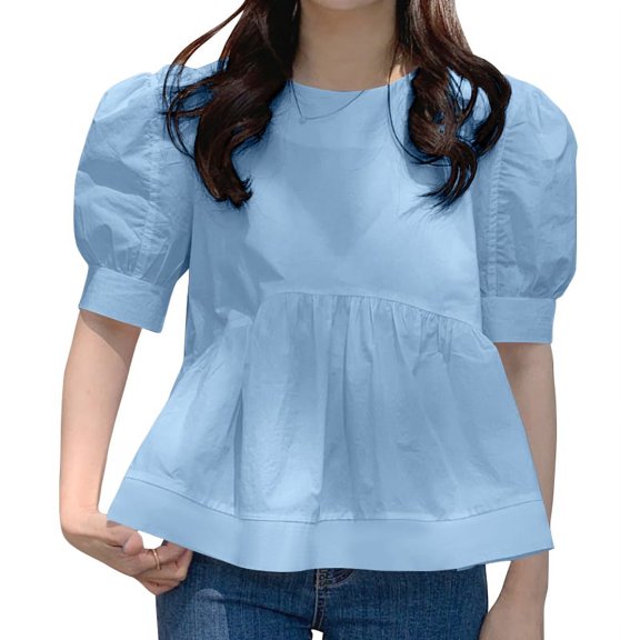 VONDA Women Elegant Pleated Solid Color Ruffled Hem Tops O-Neck Puff Sleeve Blouse