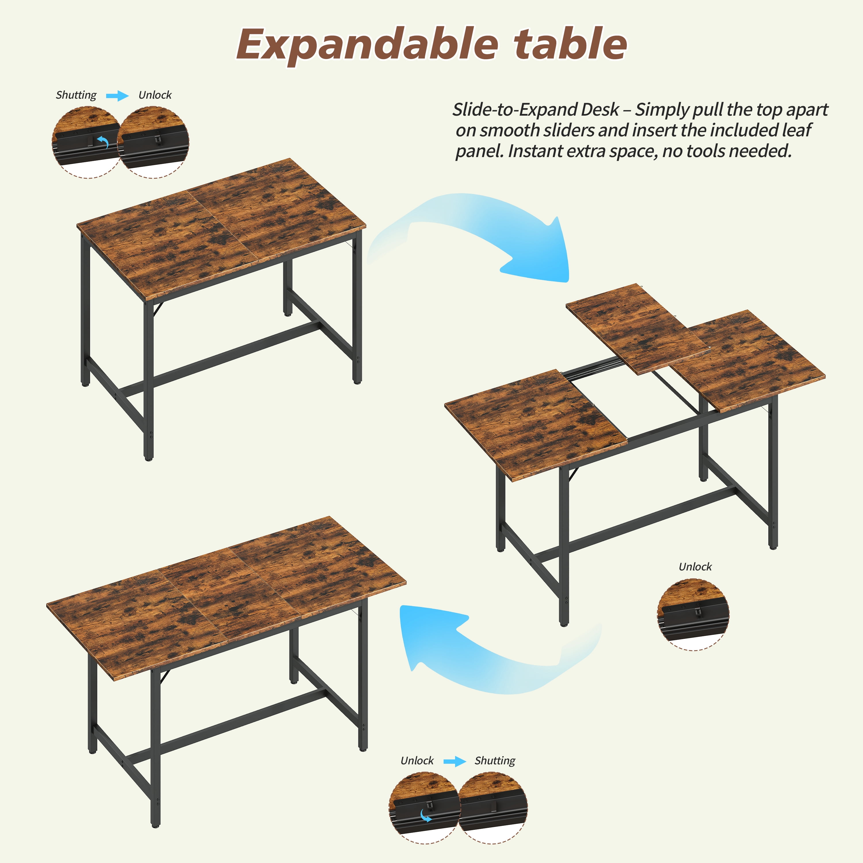 Aukfa 63" Extendable Dining Table Set for 4-8, 3-Piece Kitchen Table Set with 2 Benches & 2 Stools, Space Saving Wood Table & Metal Frame,Brown
