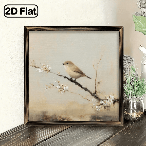 1pc Wood Frame Wooden Wall Sign Bird perched on a branch, white flowers, impressionist oil painting style Wall Art Prints Print Painting For Living Room Bedroom Office Bathroom Dorm Home Dec