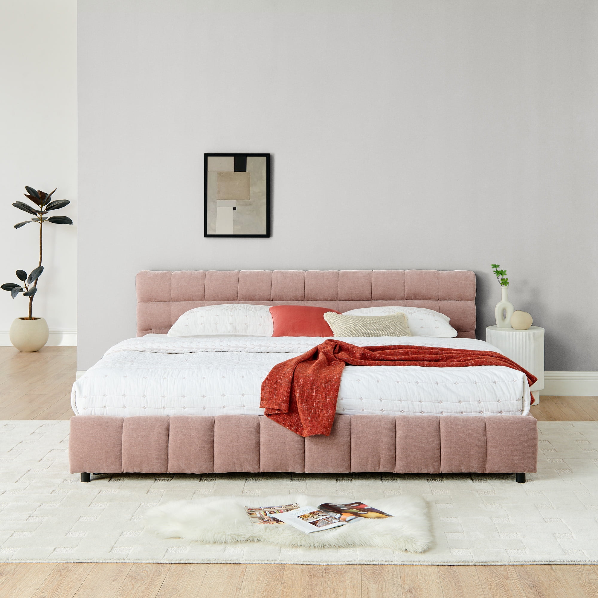 Aukfa King Size Upholstered Bed Frame with 4 Storage Drawers, Chenille Fabric Platform Bed, Tufted Design, Pink