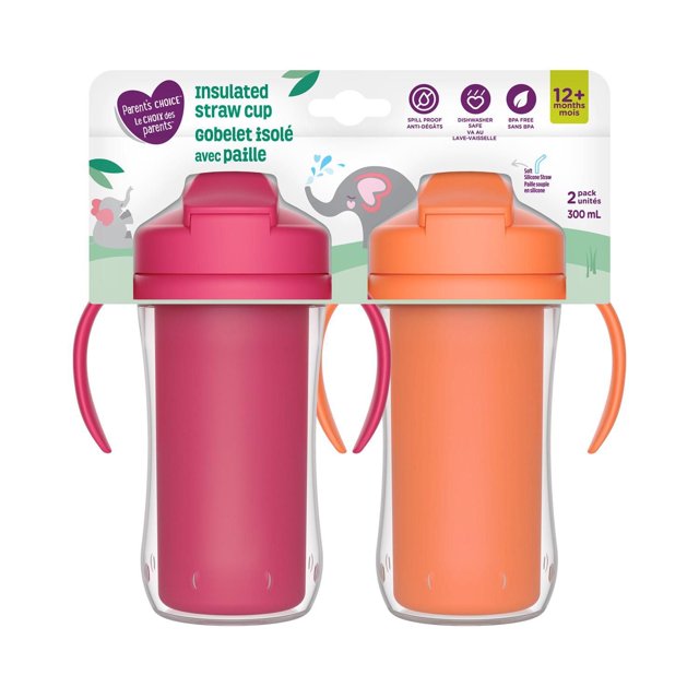 Parent’s Choice Insulated Sippy Cup with Straw and Handles, 2x300mL Cups, 12m+, Pink and Orange