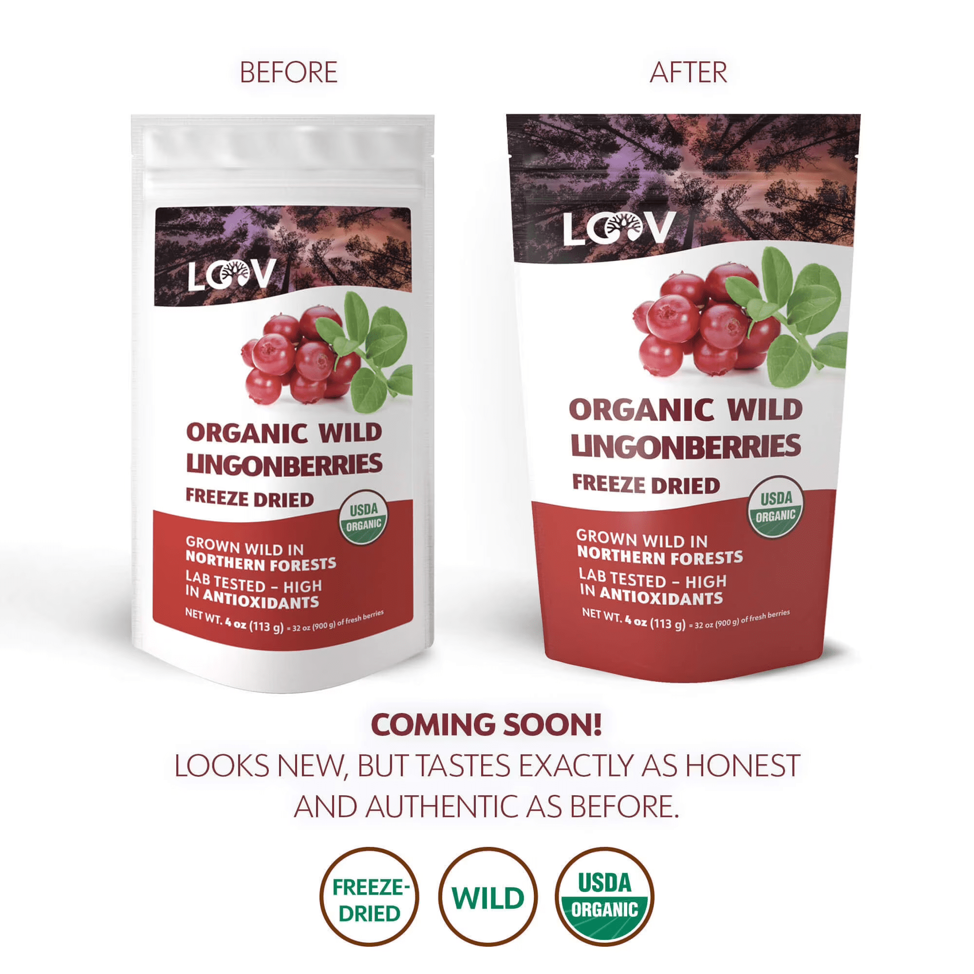 LOOV Freeze Dried Organic Wild Lingonberries, 23-Day Supply, No Sugar Added, Tart Berry Flavor
