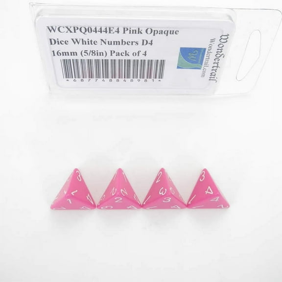 Pink Opaque Dice with White Numbers D4 Aprox 16mm (5/8in) Pack of 4 Wondertrail