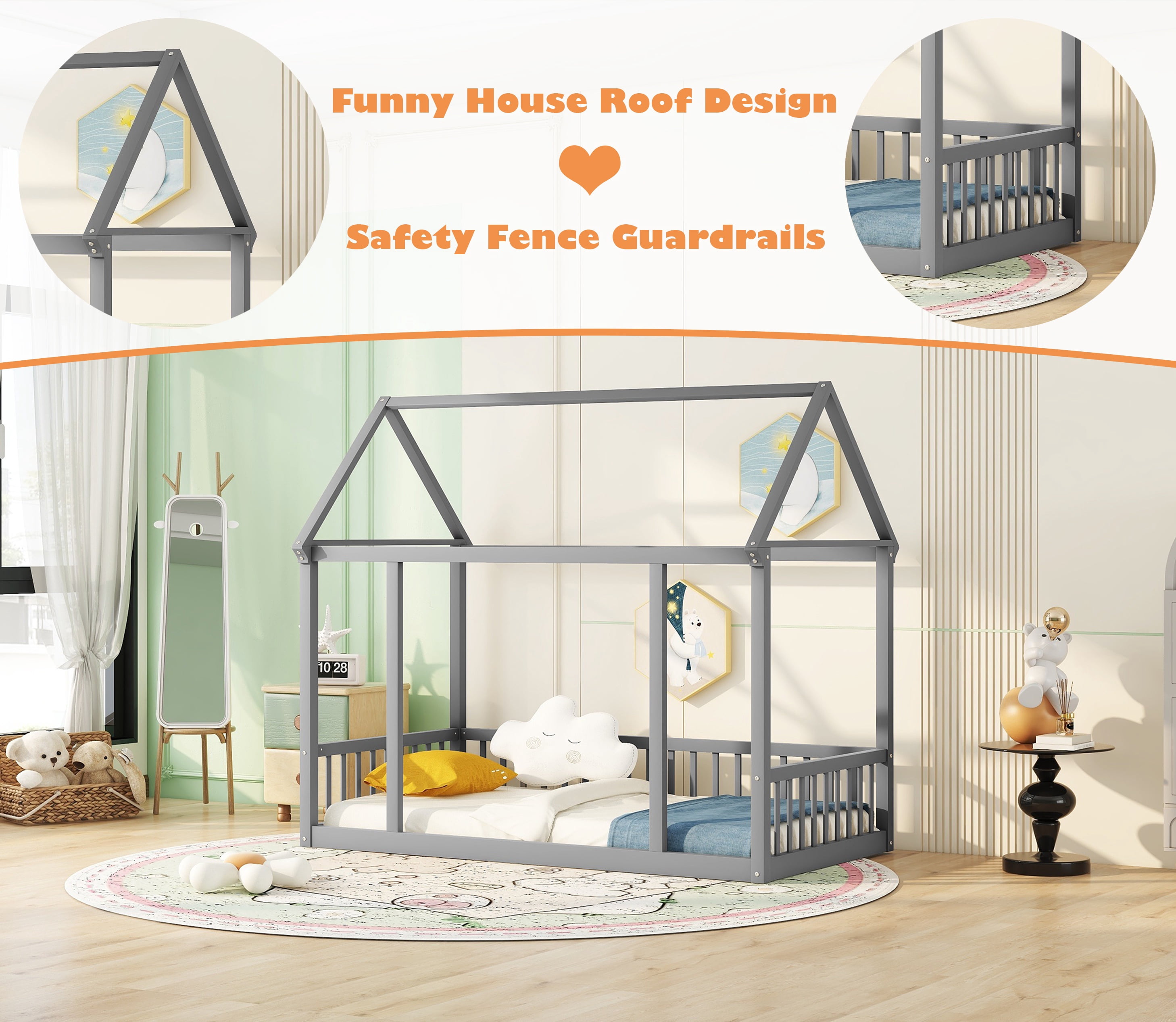 Bellemave Twin Size Wood House-Shaped Floor Bed with Fence, Guardrails, Montessori Floor Bed House Bed Frame with Roof (Twin, Gray)