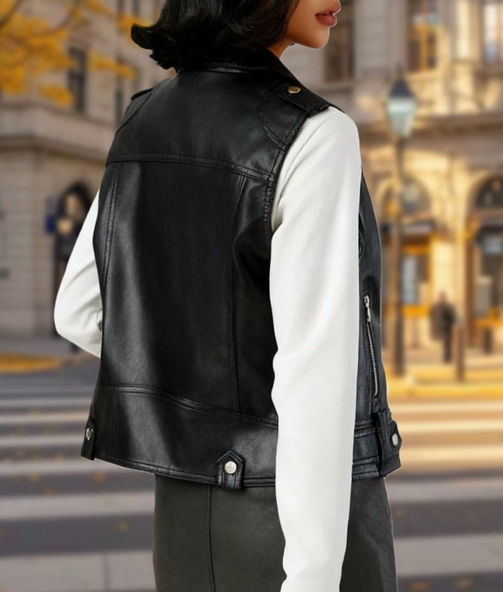 Faux Leather Vest for Women Lapel Sleeveless Moto Slim Fit PU Motorcycle Biker Waistcoat Black M