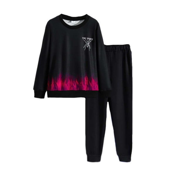 Kucnuzki 11T Big Boy Winter Outfits Pants Sets 12T Long Sleeve Cool Flame Prints Sweatshirt Elastic Pants 2PCS Set Black