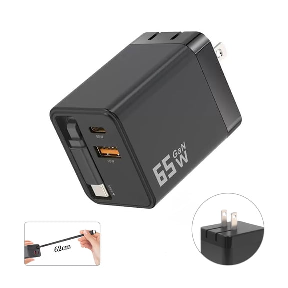 Elnone 65W GaN Retractable Wall Charger, USB C PD PPS Fast Charging for Phone Tablet Travel, Black