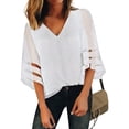 thumbnail image 2 of Women's Casual V Neck Blouse 3/4 Bell Sleeve Mesh Panel Solid Color Tops Loose Fit Shirts, 2 of 3