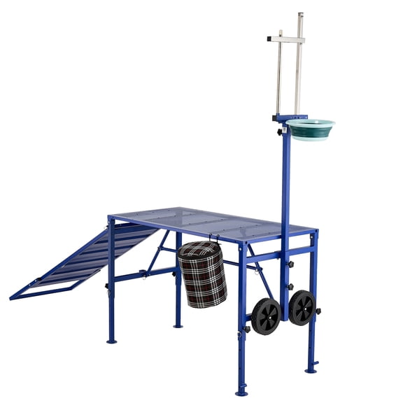 KFFKFF Foldable Goat Milking Stand with Ramp, Adjustable Headpiece, Feed Bin & Wheels, Heavy-Duty Metal Platform for Livestock Grooming, Hoof Trimming, and Sheep Care