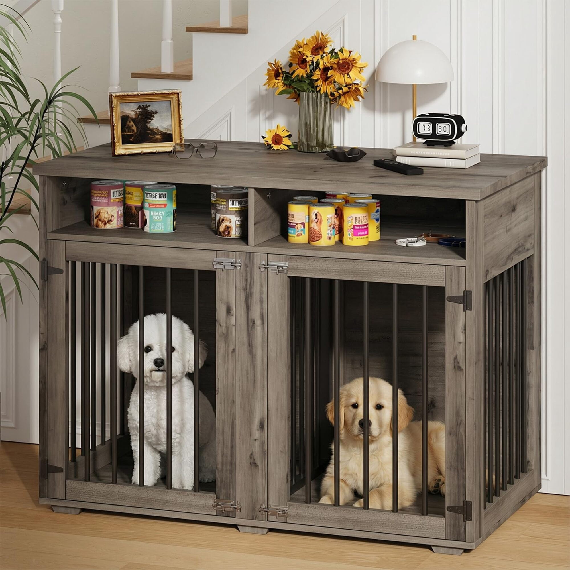41" Washed Gray Farmhouse-Style 2-Door Dog Crate with Storage Shelves – Indoor Kennel Furniture for 2 Small/Medium Dogs