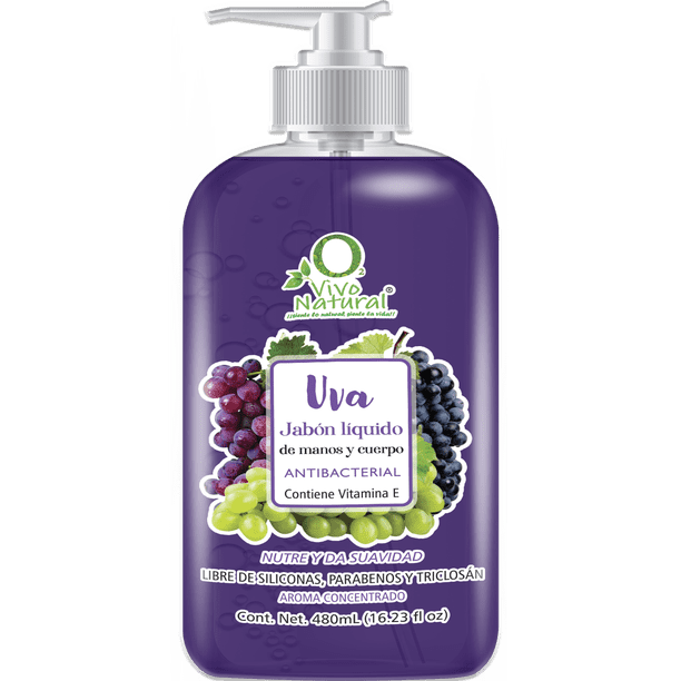 Jabón Líquido Antibacterial VivoNatural para Manos y Cuerpo 480 ml aroma UVA con extracto de Aloe Vera