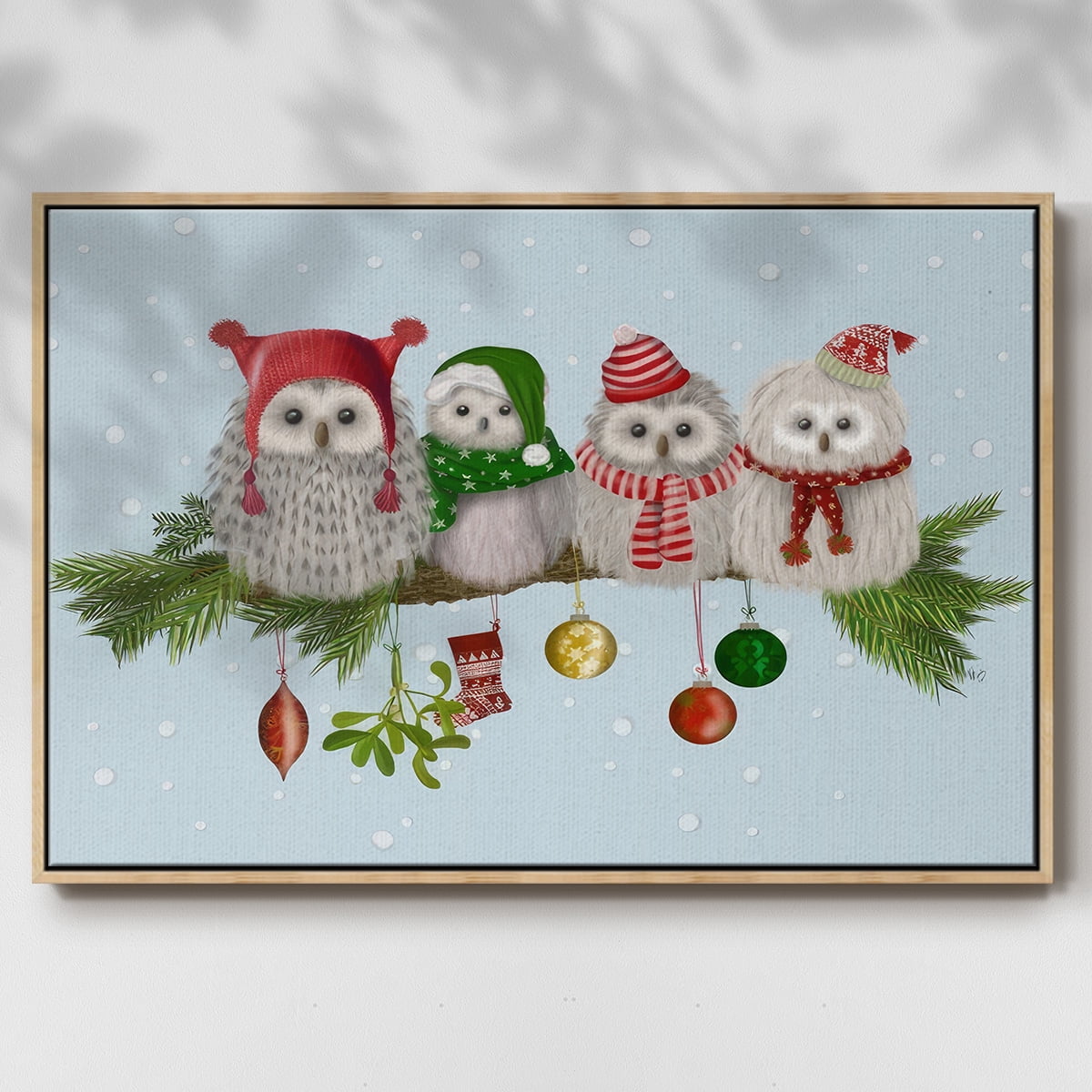 Christmas Fluffy Christmas Owls on Branch - Framed Gallery Wrapped Holiday Canvas - 17 x 25 - Natural Wood Frame